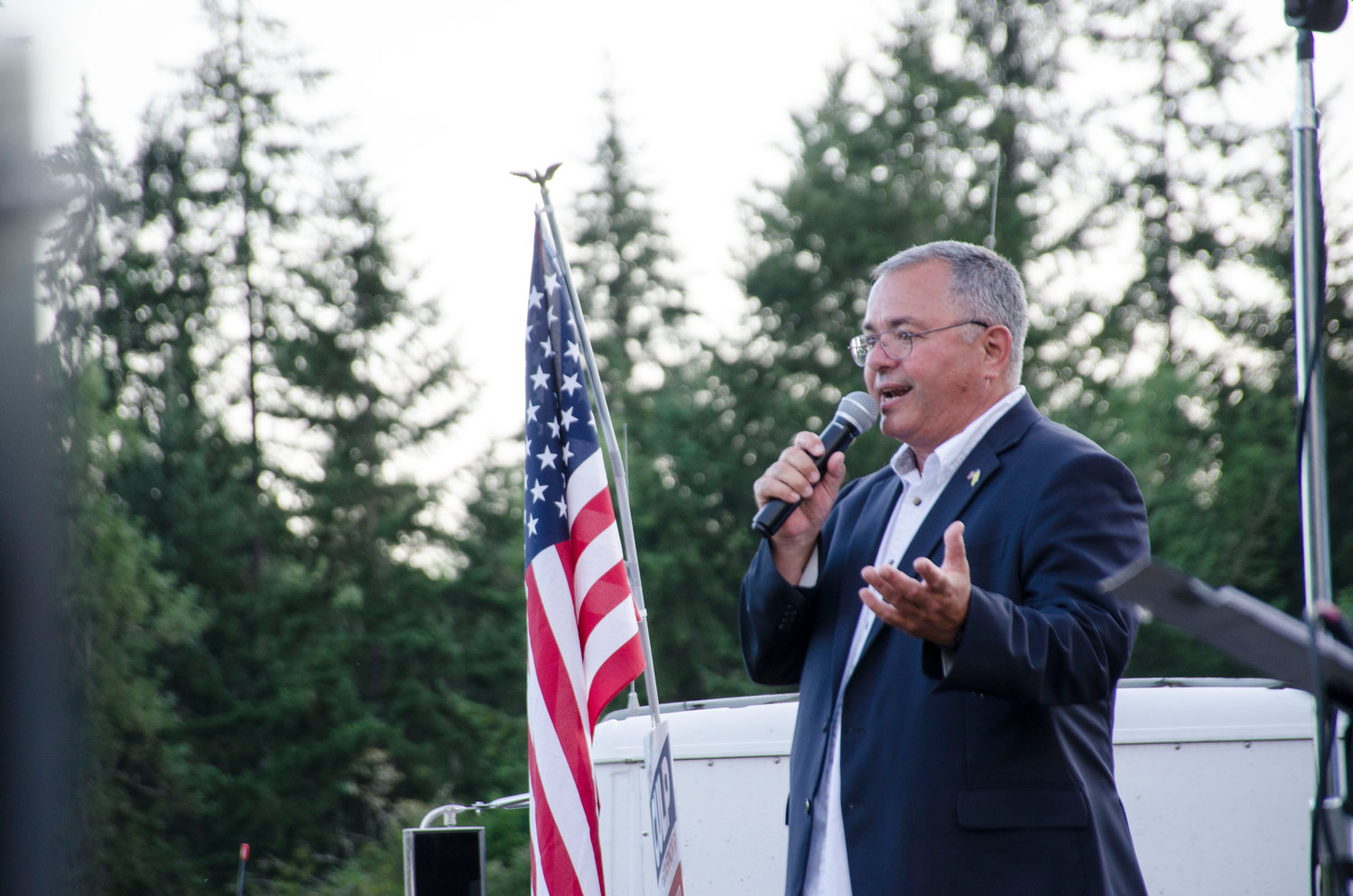 Loren Culp speaks at a rally in Yelm in late July. 