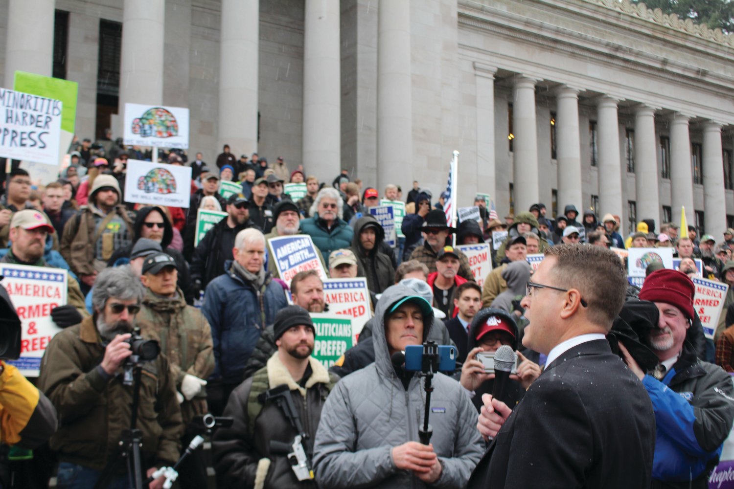 State Rep. Matt Shea speaks to attendees at a recent gun rights rally in Olympia. 