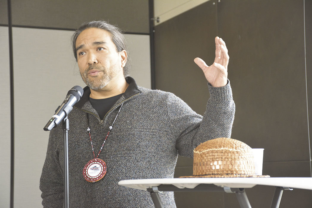 Hanford McCloud, tribal council member for Nisqually Indian Tribe, presents his conceptual tourism plan at a recent Yelm Area Chamber of Commerce forum and luncheon.