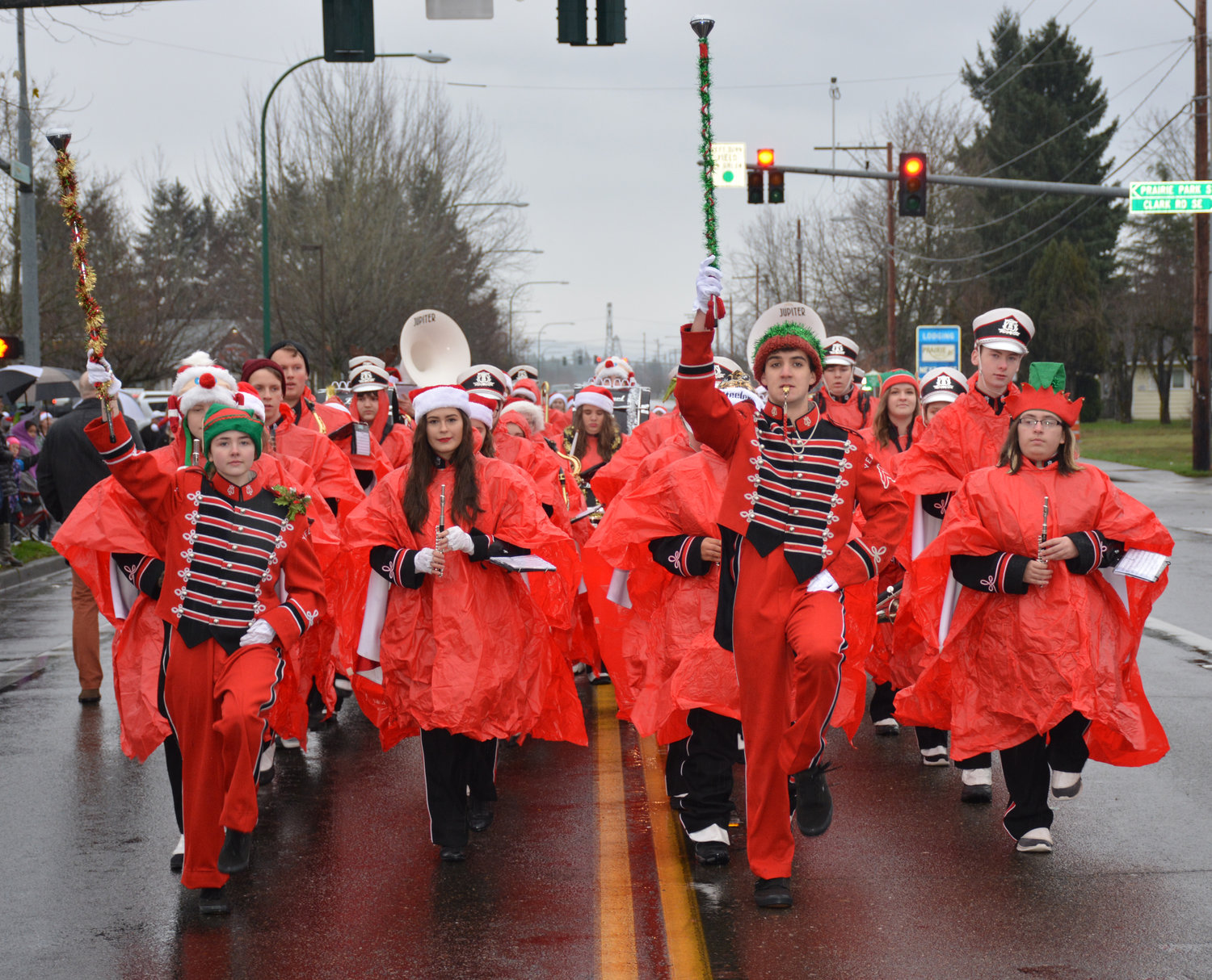 The Yelm High School marching band helps kick off the beginning of the Christmas in the Park parade in this file photo.