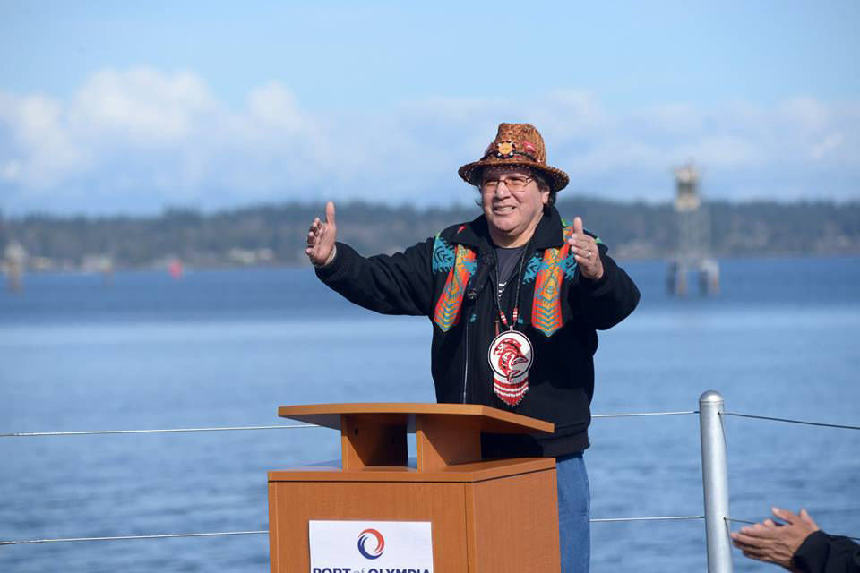 Farron McCloud, Nisqually Tribe's chairman, notes that Billy Frank Jr. would love seeing tribes coming together to work together and how appropriate it is to honor Frank in such a setting during the dedication and blessing ceremony at the Port of Olympia.