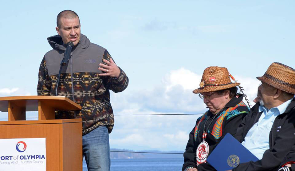 Willie Frank III addresses the crowd gathered for the dedication of the Billy Frank Jr. Park and Trail last Friday sponsored by the Port of Olympia. Interpretive signs will be developed to inform visitors and residents alike about the rich tribal history of the area and about Billy Frank Jr.'s life and work.