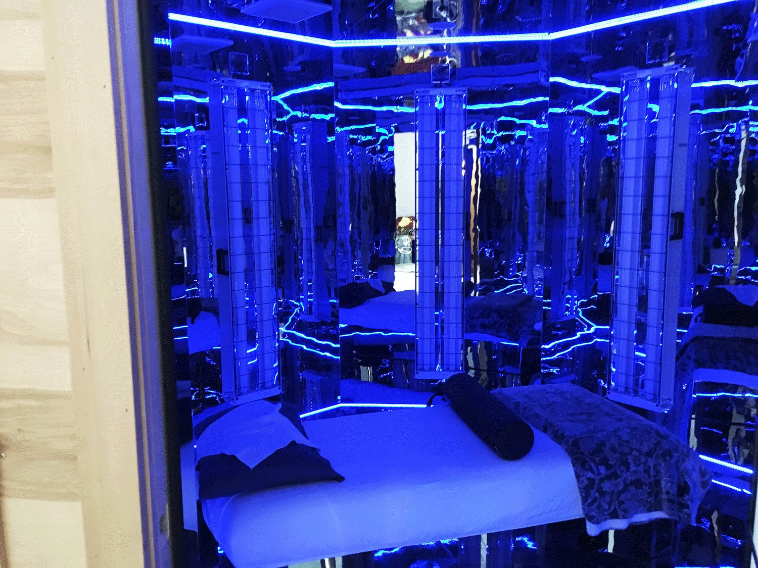 The interior of the Blu Room is pictured. Invented by JZ Knight, Blu Room proponents say it combines UVB medical light and Tesla Geometry.
