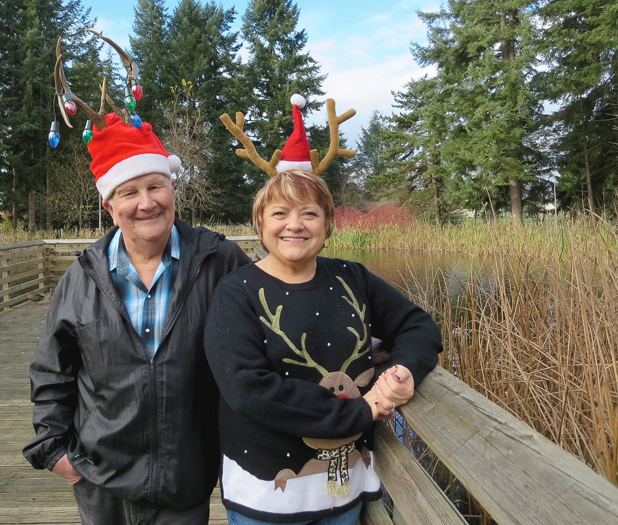 Donning their favorite holiday hats in their favorite Yelm park, Jim and Peggi Reese say they are excited to lead Yelm’s annual Christmas in the Park Parade as this year’s grand marshals. They were selected by the Parks Committee because of their lifelong commitment to volunteering in the community. Jim’s hat was purchased at Jayhawk’s years ago, and he refuses multiple offers from people to buy it every time he wears it, Peggi said.