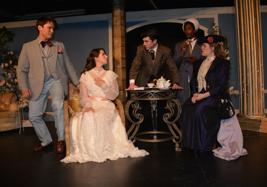 The cast of “The Importance of Being Earnest” run through a dress rehearsal Monday night at The Triad Theater. They are, from left to right, Kevin McManus, Victoria Austin, Daniel Wyman, Zacchaeus Vines and Cori Adell Olson.