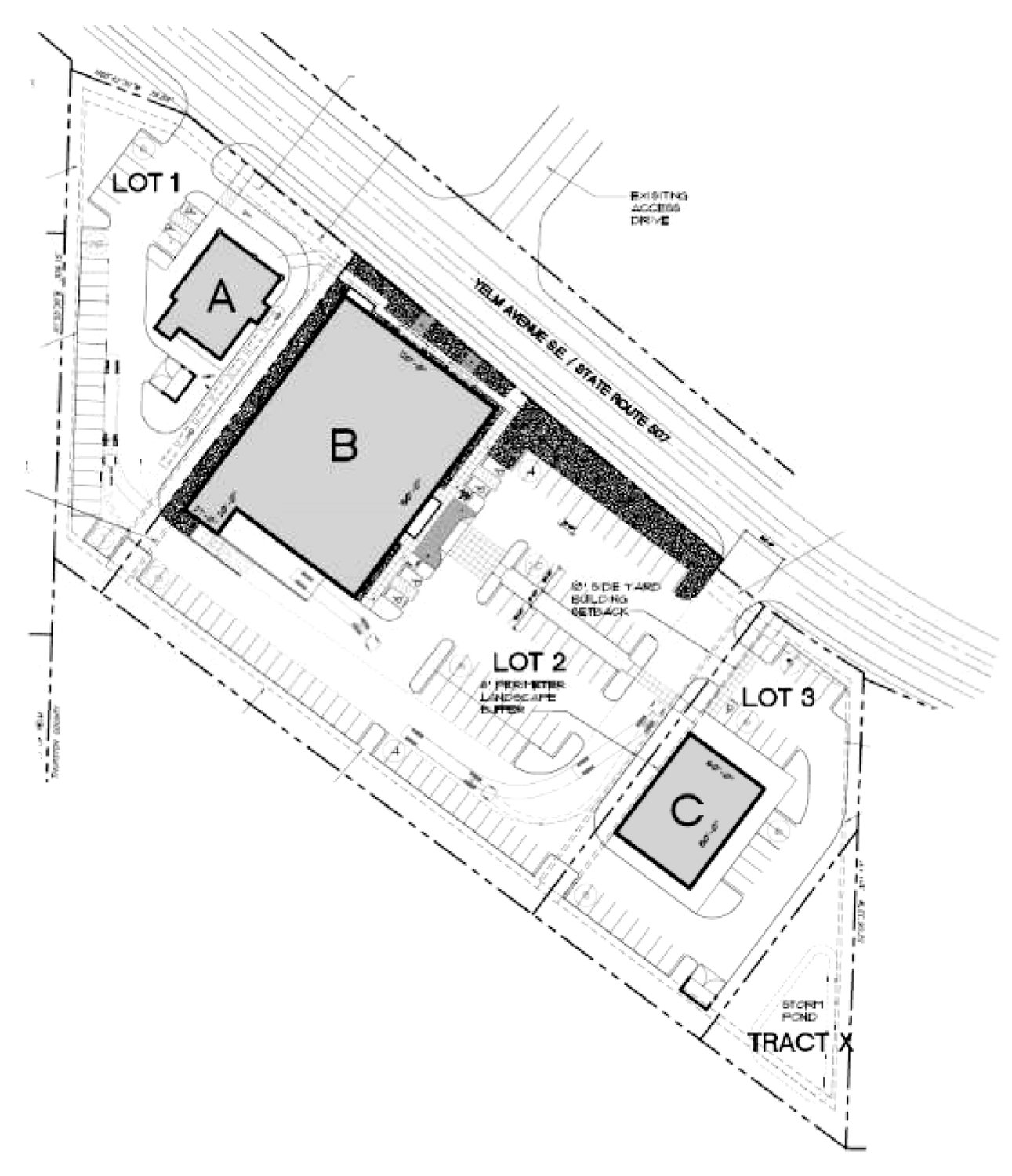 This architect’s drawing shows the layout of a planned Grocery Outlet, fast food restaurant and retail store situated along state Route 507 in Yelm.