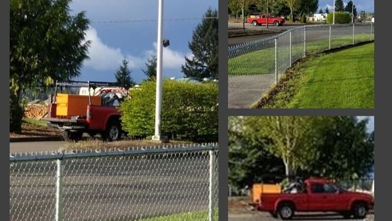 A red Dodge pickup truck that reportedly stole equipment from Longmire Community Park in Yelm on April 26 is pictured. 