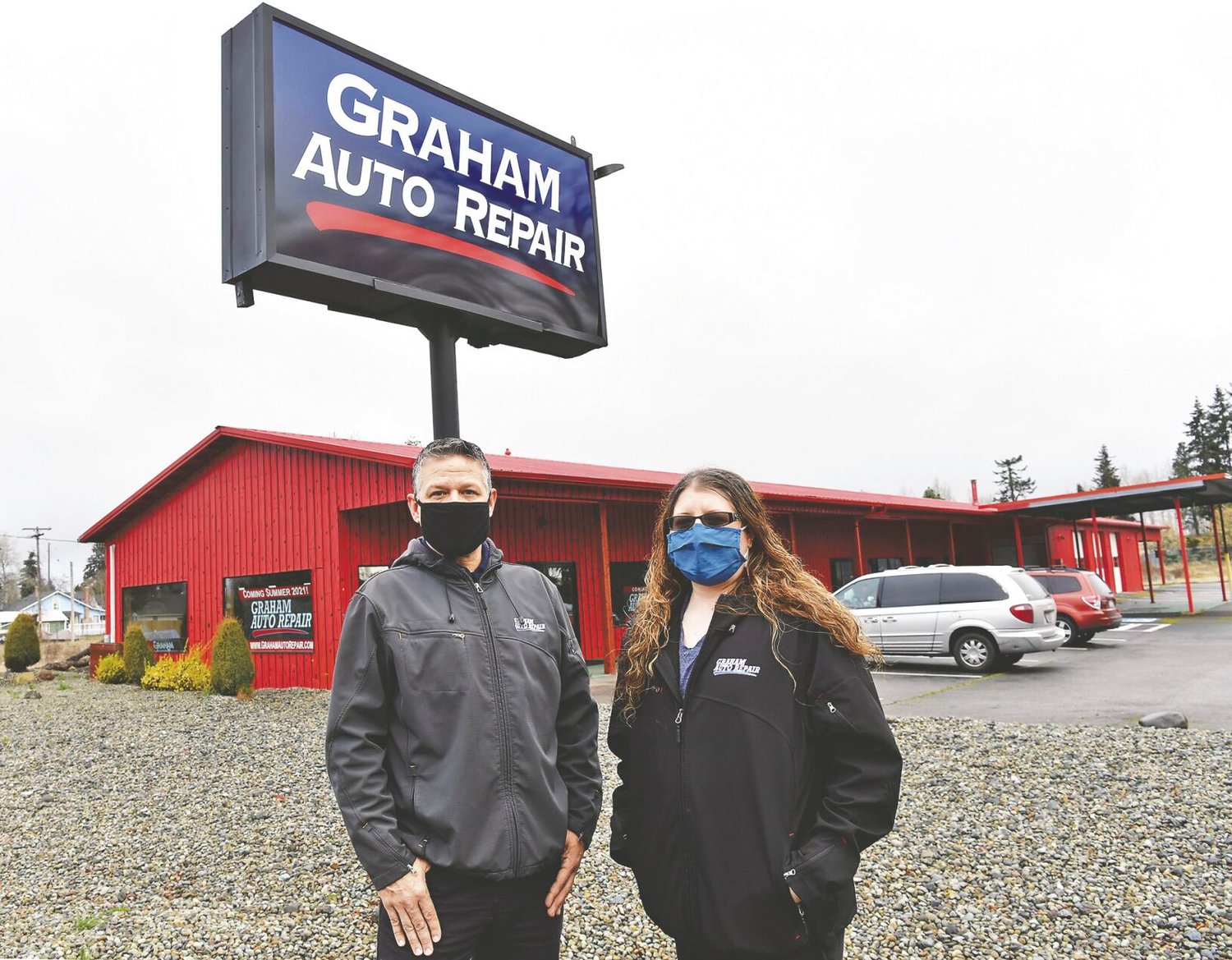 Troy Vaninetti, 49, who with his wife Kori, 47, own Graham Auto Repair in Graham and the soon-to-open Graham Auto Repair in Yelm, and his employee Lacie Ugelstad, 39, the company's digital media and recruiting manager, will work with others to renovate the former Mattress Ranch facility so that it can open possibly in September. Vaninetti and Ugelstad are seen here at the new facility on Yelm Avenue East on Thursday, March 25.