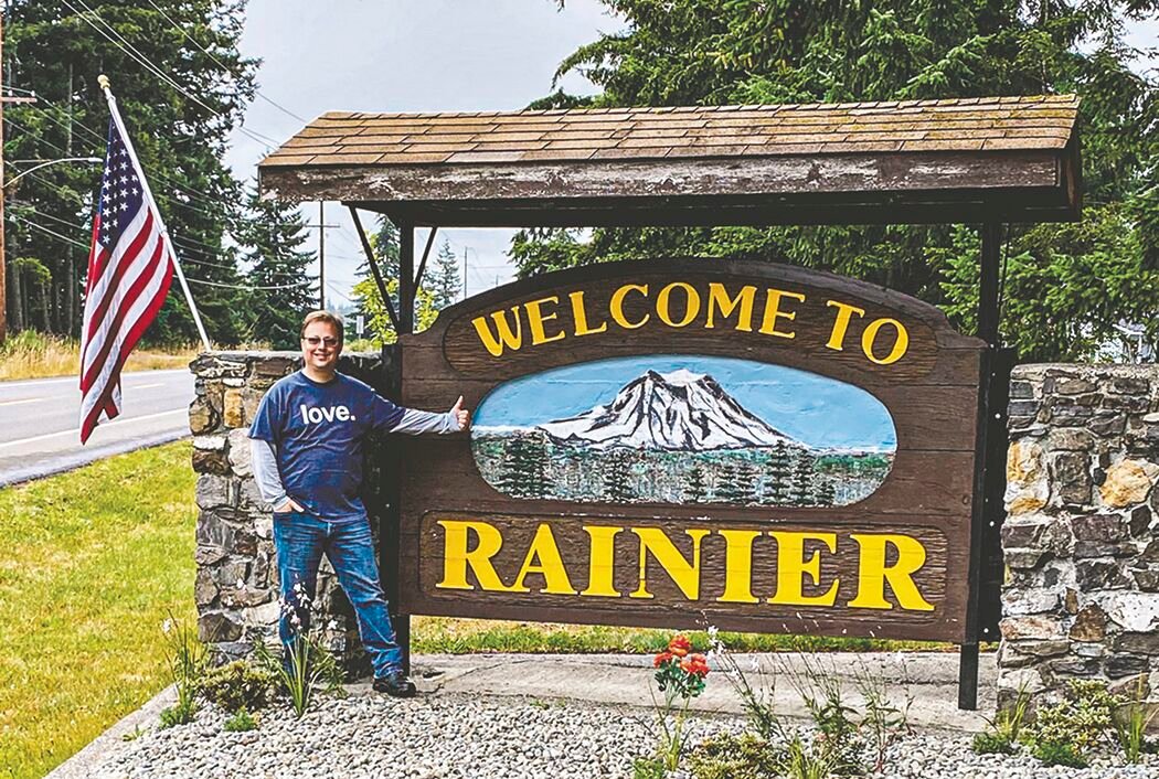 Yem resident Valentin Fyrst shouts it out for the city of Rainier recently as part of his "Spread the Community #love campaign."