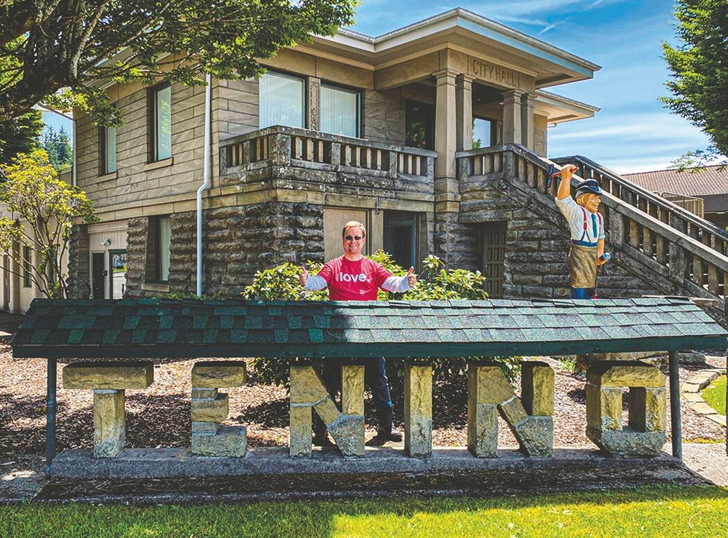 Yem resident Valentin Fyrst shouts it out for the city of Tenino recently as part of his "Spread the Community #love campaign."