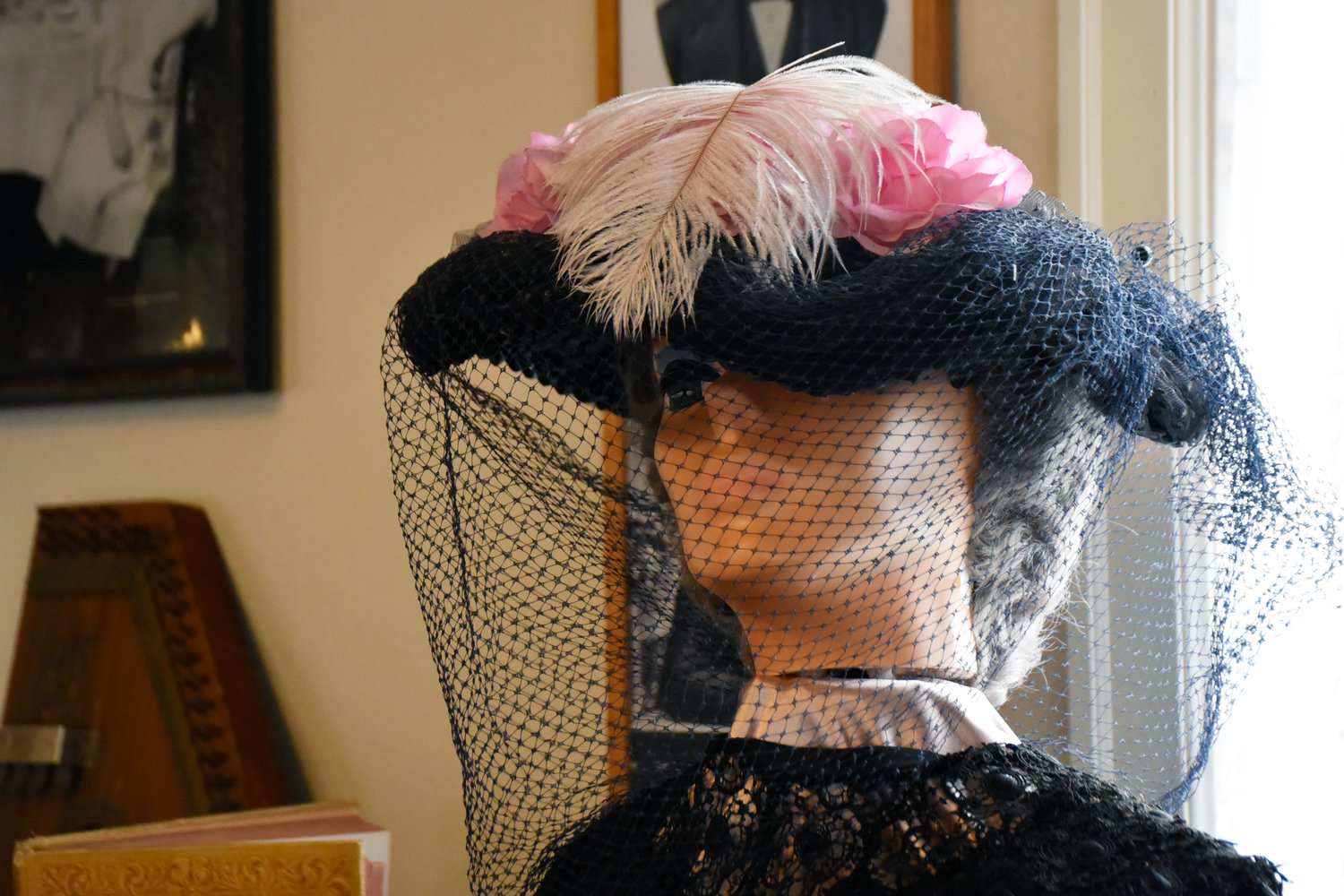 A period black veil is shown at the Yelm Prairie Historical Museum.