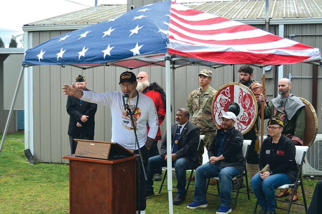 Captain Bill Koutrouba of the Norse West Vikings delivers a speech at the dedication ceremony of a new cannon on May 7 at the Yelm American Legion Post 164.