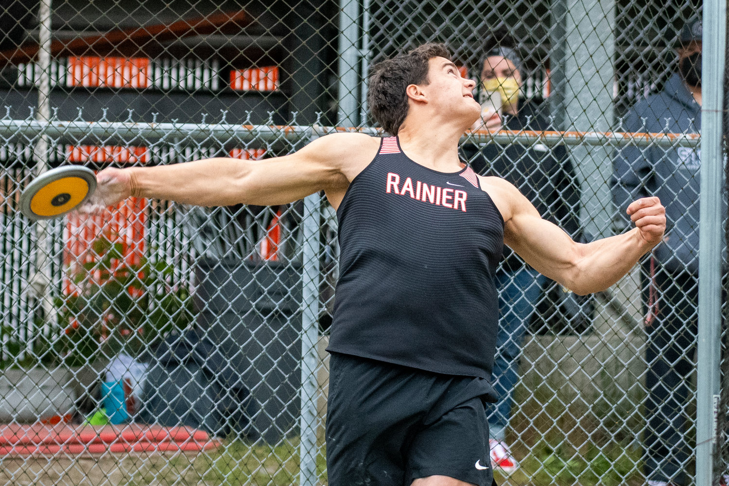 Rainier's Jeremiah Nubbe uncorks a throw in the boys discus at the Central 2B League championships in Rainier on Friday. May 13.