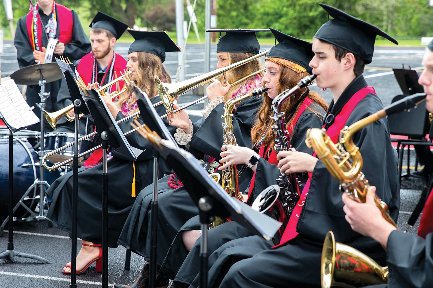 Graduates play instruments during a graduation ceremony in Tenino on Friday.