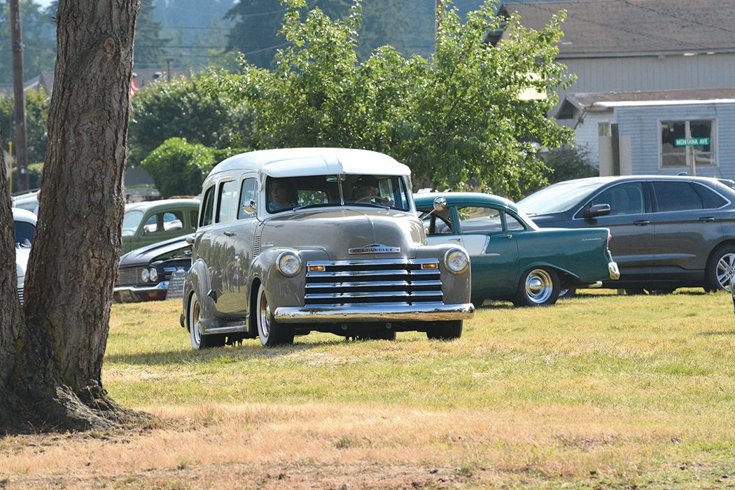 A retro Chevrolet leaves the car show at Wilkowski Park on Saturday, July 2.