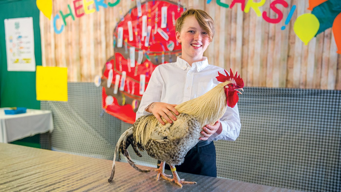 Leanne Sturgeon smiles for a photo while showing a rooster named Pepper alone on Thursday, July 28 at the Thurston County Fair as safety precautions remain in place to prevent the spread of avian influenza.