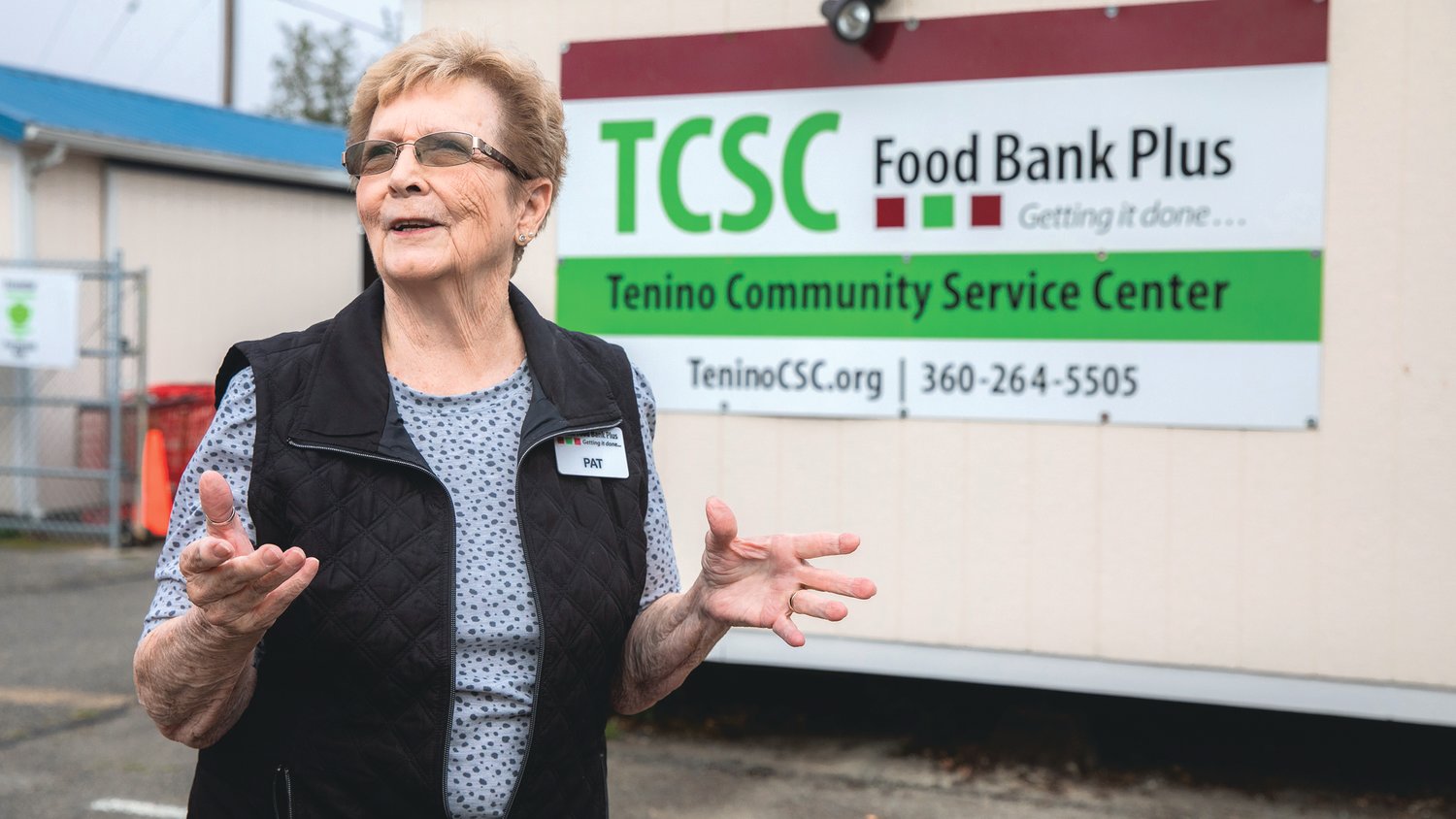 Pat Haller, chief financial officer at Tenino Food Bank Plus, talks about co-founding the Tenino Community Service Center with Robin Rudy Monday morning.