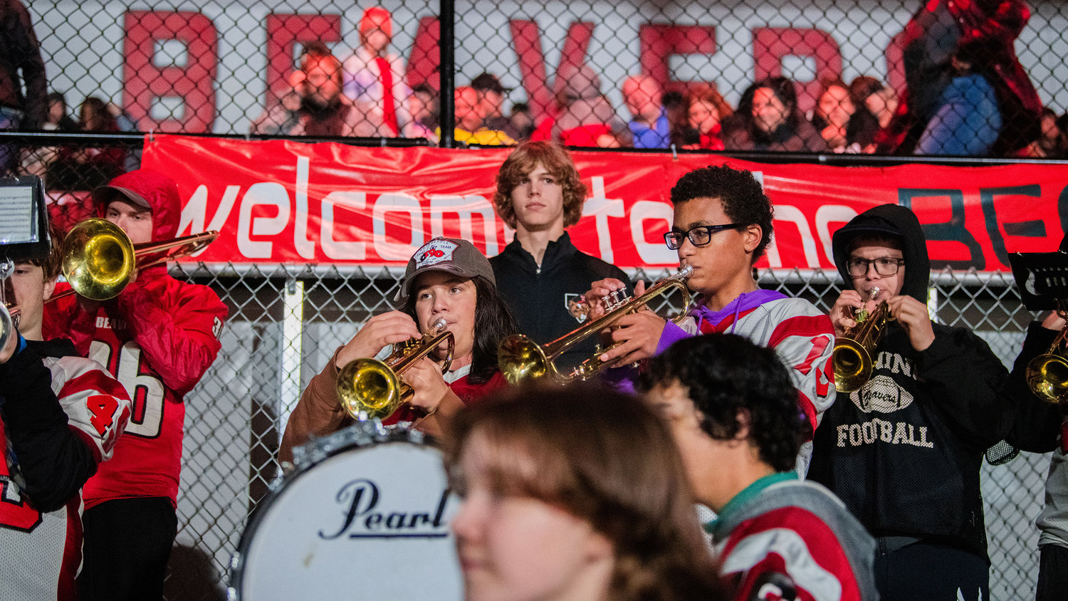 Members of the Tenino High School band play instruments Friday night at Beaver Stadium.