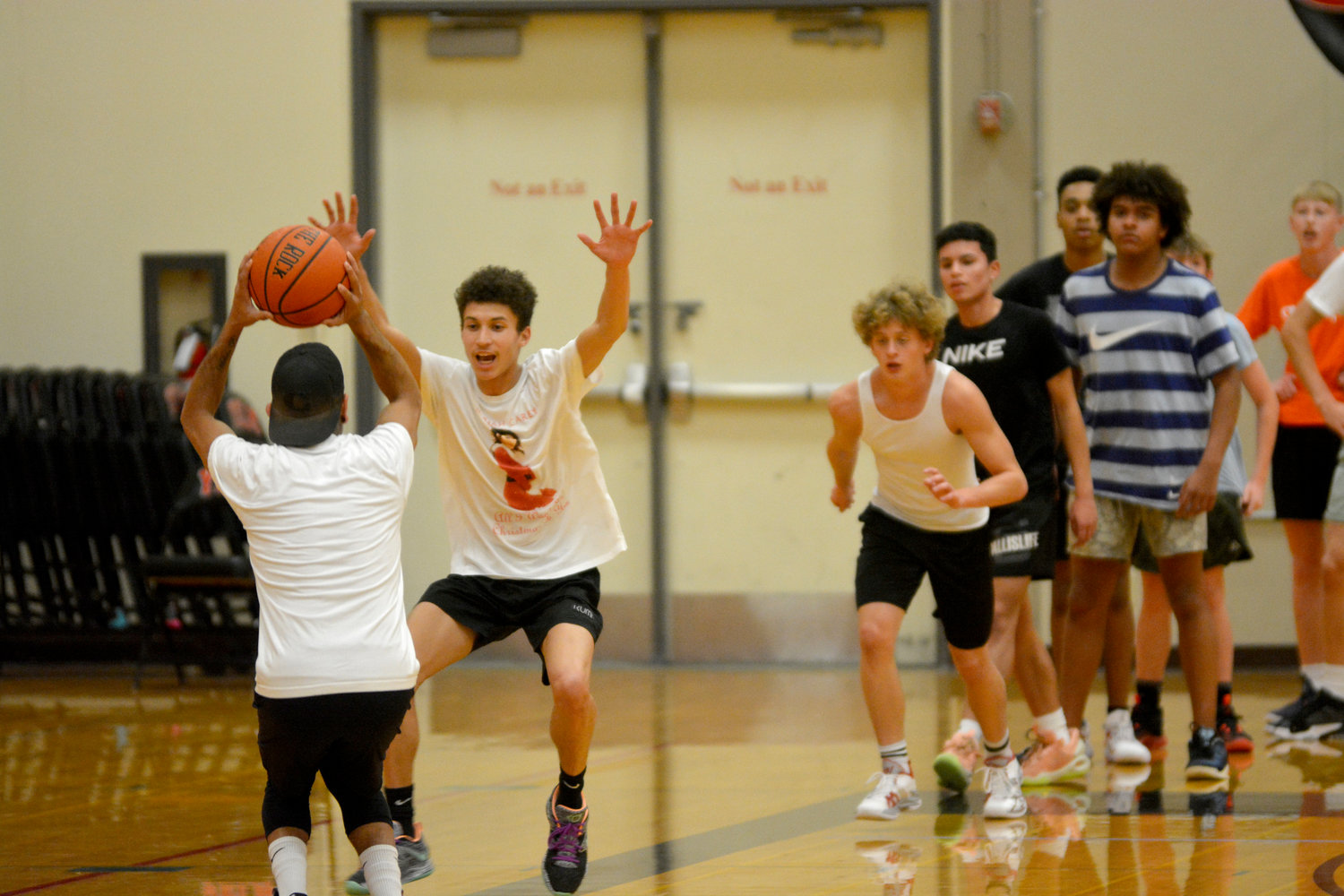 Basketball players in Yelm work on their defensive skills at a recent practice.