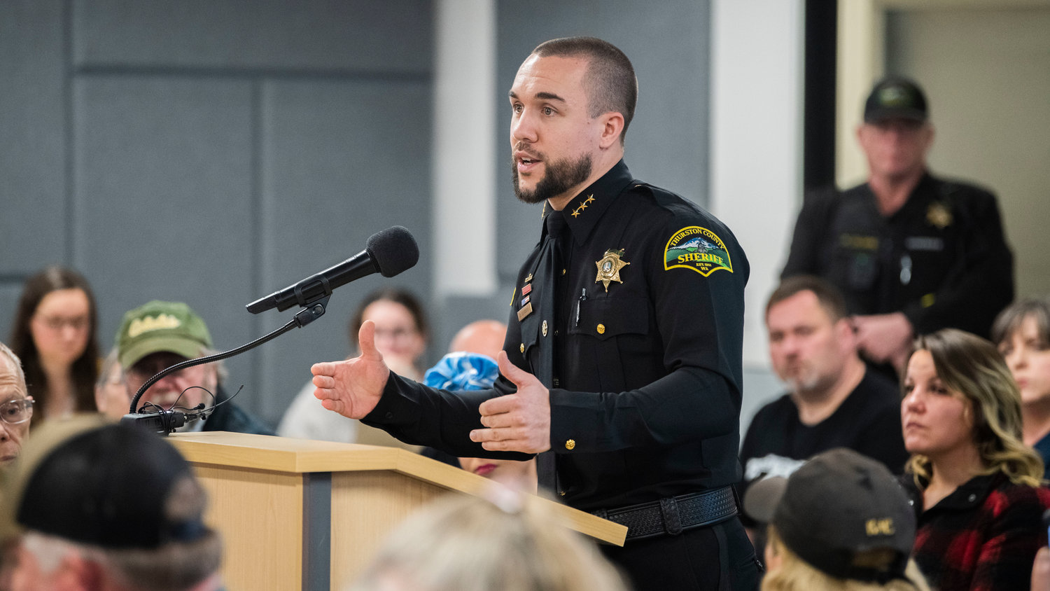Thurston County Sheriff Derek Sanders brings up concerns with community safety mentioning limited resources and noting staffing when describing that a single deputy, at times, is responsible for all of “Rochester, Maytown, Littlerock, Tenino, and Bucoda,” during a meeting with Thurston County Commissioners in Olympia on Tuesday.