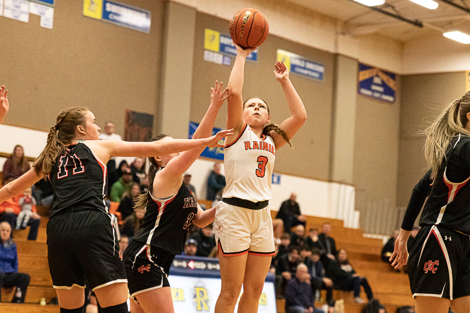 Rainier guard Brooklynn Swenson takes a shot against Kalama in the first round of the 2B District tournament Feb. 4 at Rochester.