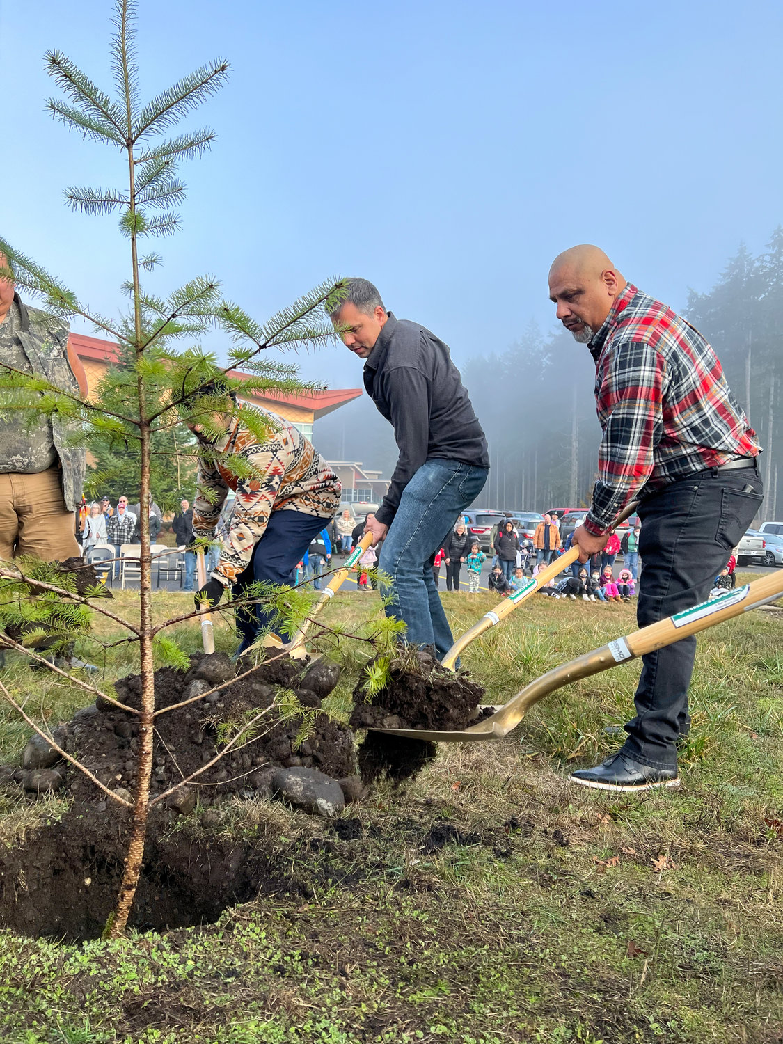 Members from various tribes involved with the Medicine Creek Treaty’s original signing in 1854 help plant a descendant of the tree the treaty was originally signed under to commemorate the 196th anniversary of the treaty on Jan. 20.