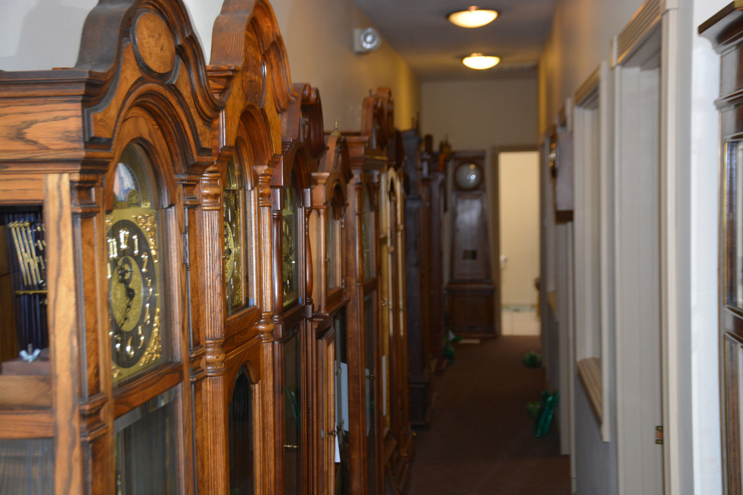 A hall inside of Mount Rainier Clock Repair sports several grandfather clocks in the process of repair.