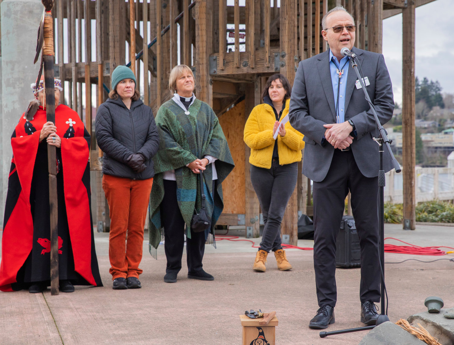 Thurston County Port Commissioner Bob Iyall talks to attendees during a prayer journey to protect Oak Flat, a land that is sacred to the San Carlos Apache Tribe, at an event hosted by Interfaith Works of Thurston County on Wednesday in Olympia.