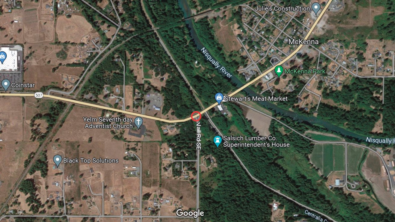 A map shows where the Washington State Department of Transportation plans to place a roundabout at the existing intersection of state Route 507 and Vail Road Southeast.