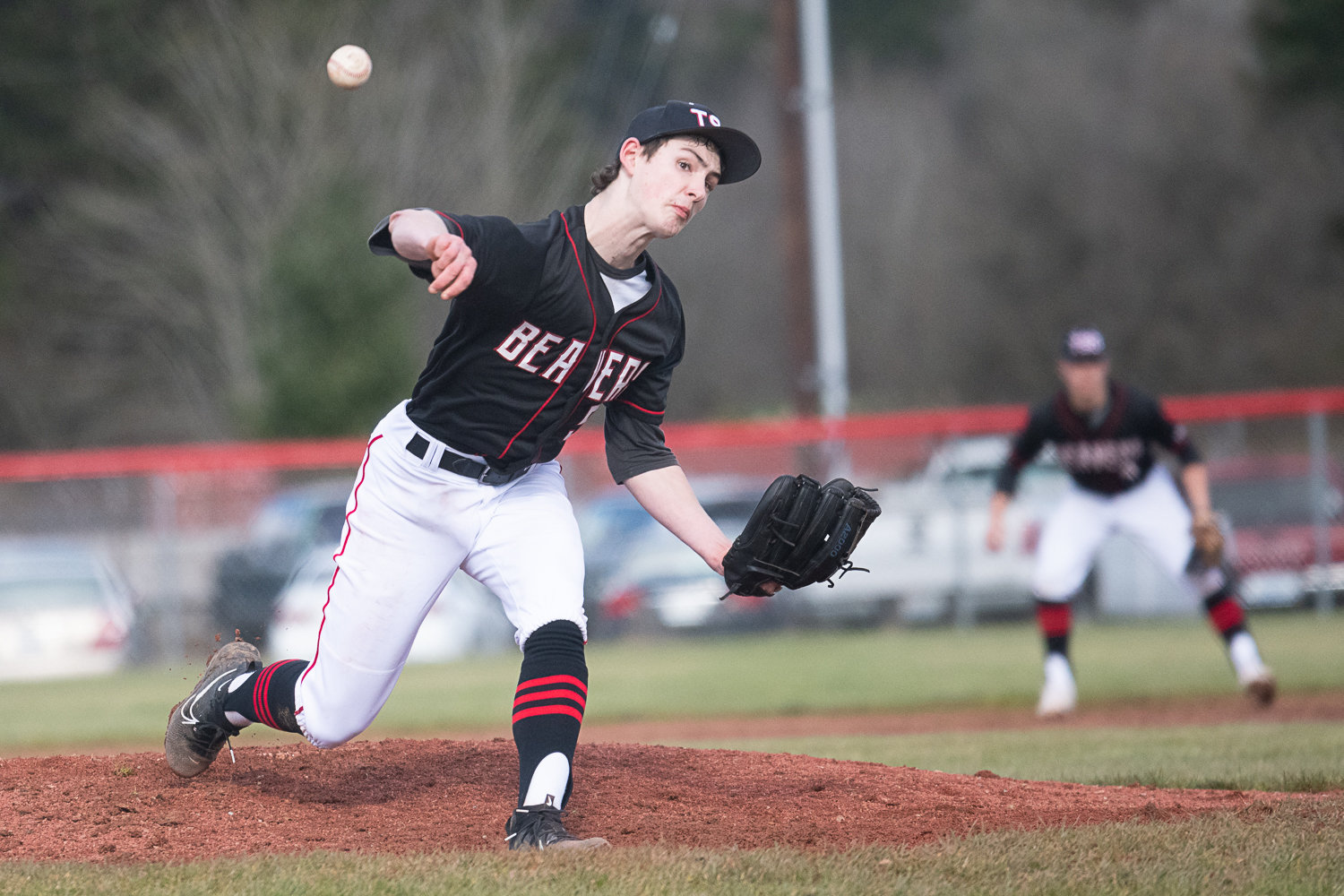 Brody Noonan lets fly from the mound during Tenino's 7-4 win over Black Hills on March 14.