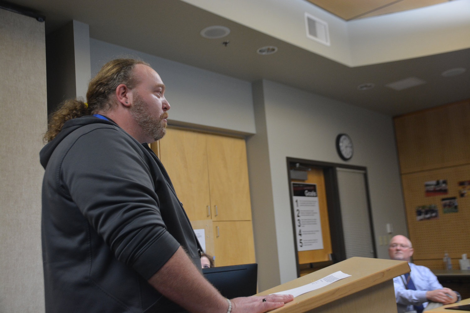Gabriel Iverson, Yelm’s Public School Employee chapter president, addresses the Yelm School Board on Thursday, March 23.