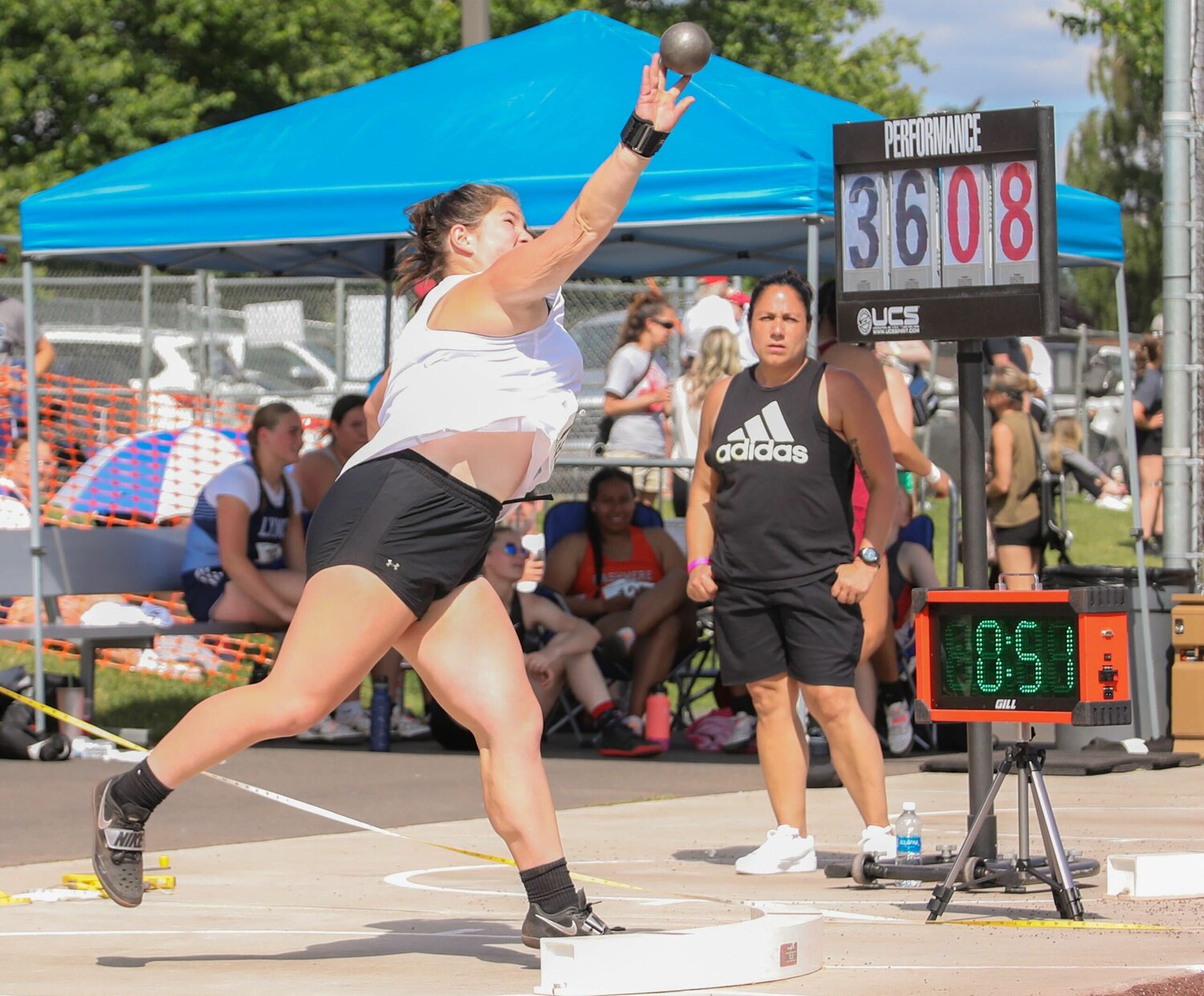 Trinity Tafoya lets the shot put go during the 1A  state track and field championships, May 26 in Yakima.
