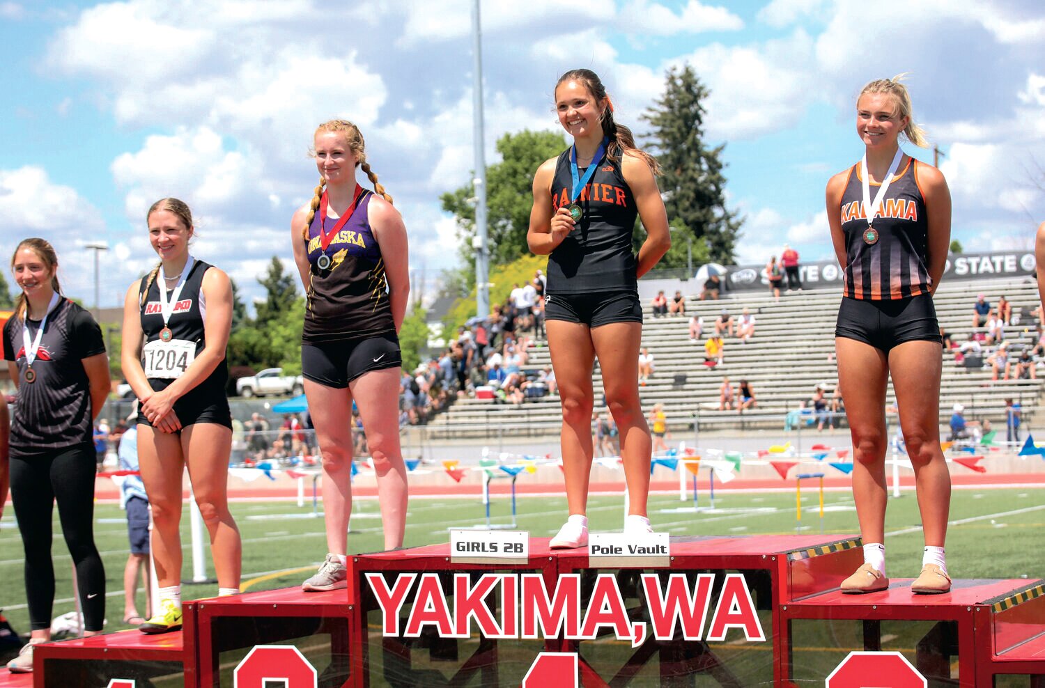Rainier’s Ella Marvin is named the 2023 2B girls pole vault state champion during the state track and field meet in Yakima on Friday, May 26.