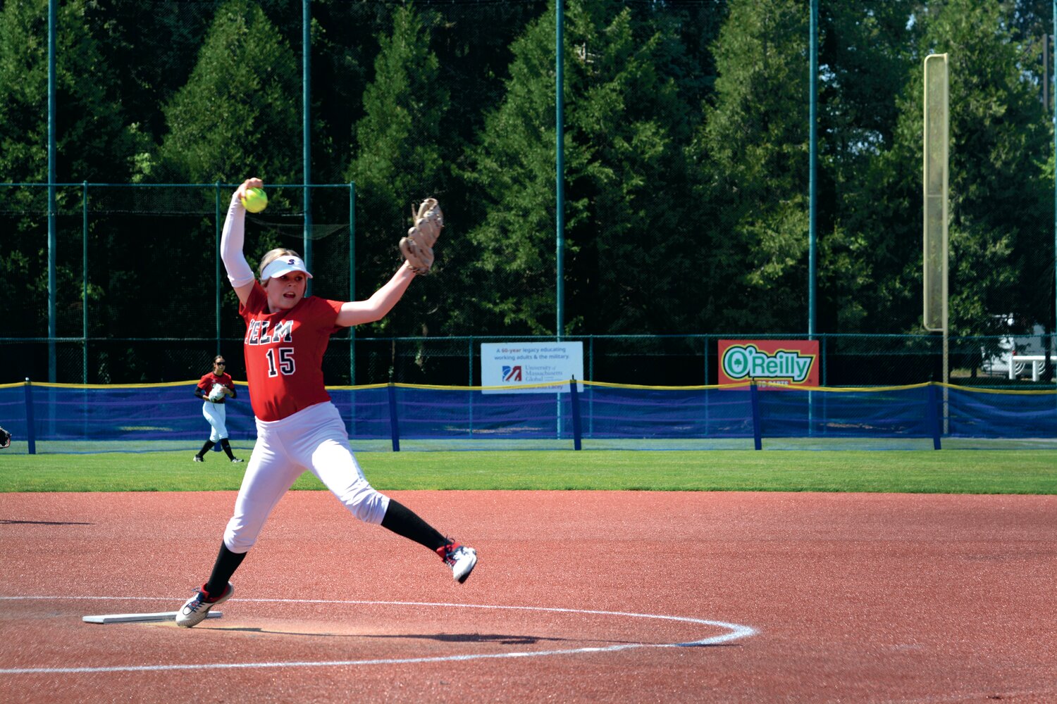 Mallory Hoke delivers a pitch against Juanita High School in the 3A state fastpitch tournament on May 25.