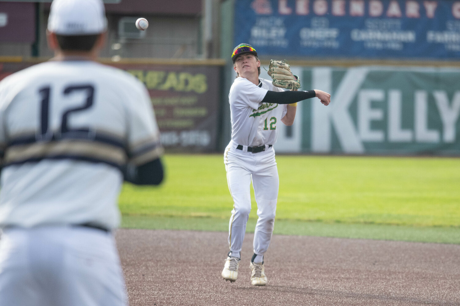 Tumwater's Brayden Oram throws to first during the 45th annual Southwest Washington Senior All-Star Game, May 31 at Story Field in Longview.