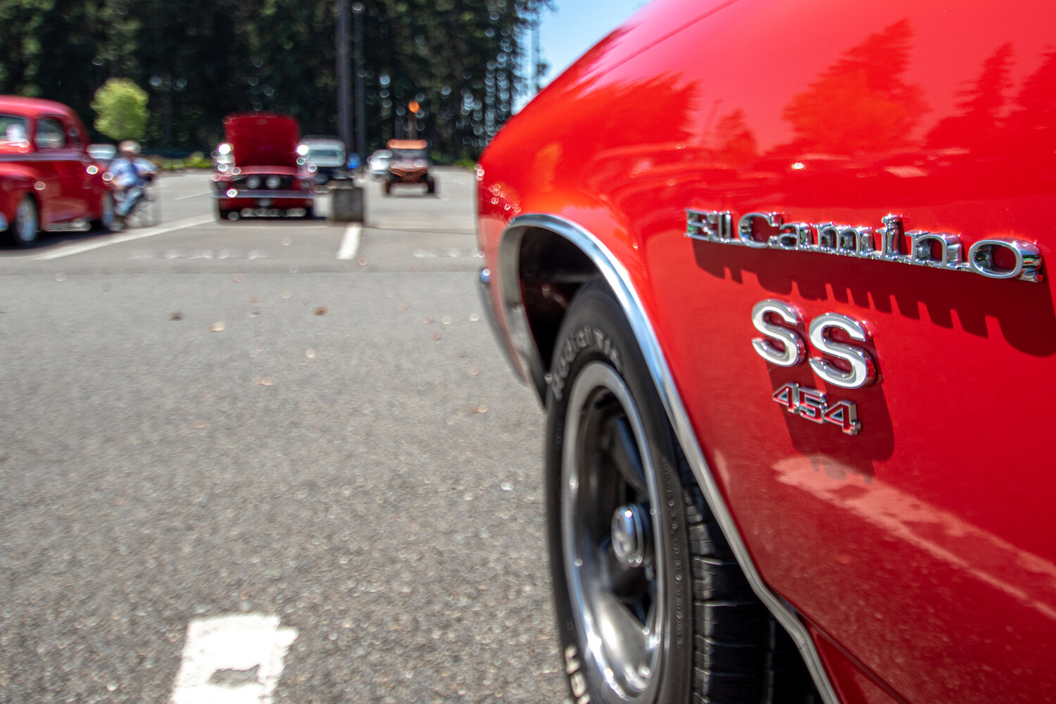 The front fender badge of Bill Kendall's 1972 Chevrolet El Camino SS is pictured on Sunday, June 4, at the Yelm High School car show.