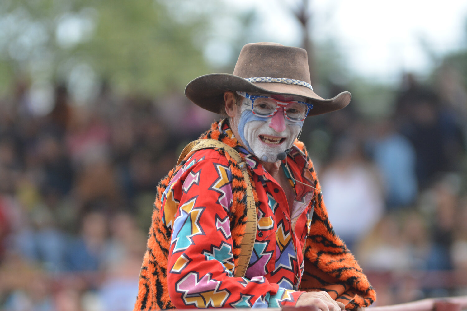 The Roy Rodeo circus clown smiles on Sept. 3 at the annual event.