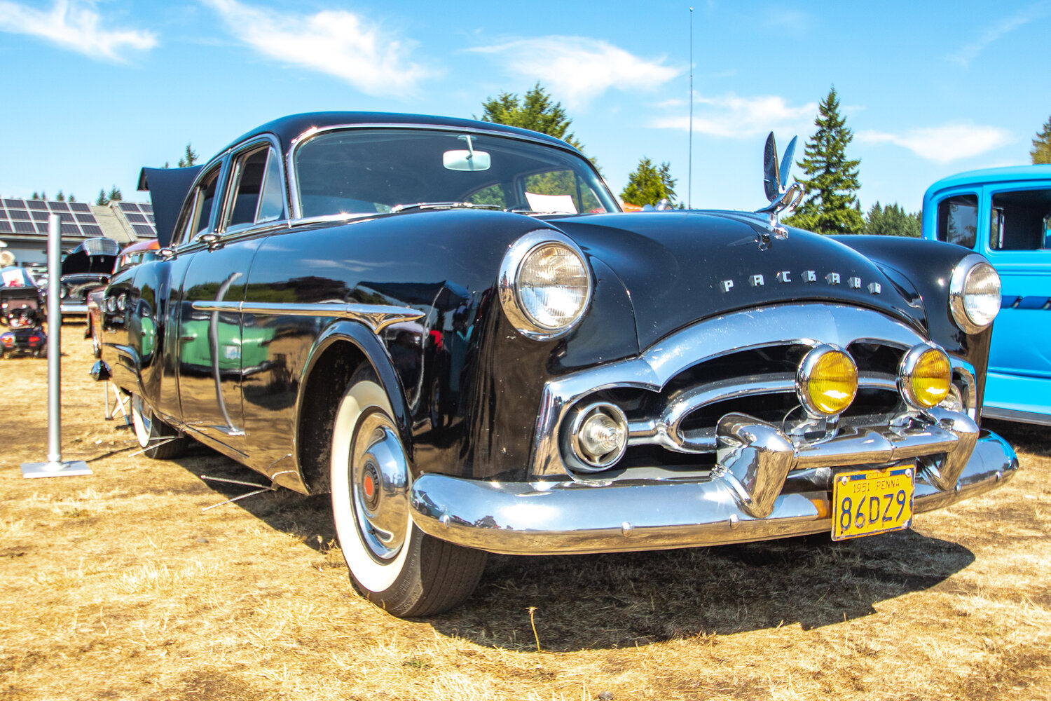 A 1951 Packard 200 Deluxe, owned by Steve of Rochester, is displayed at the 16th annual Military Heroes Car Show on Saturday, Sept. 2, at Wilkowski Park in Rainier. The iconic swan hood ornament would soon leave in 1953, as auto manufacturers had to make emblems that weren’t an impalement hazard to pedestrians.