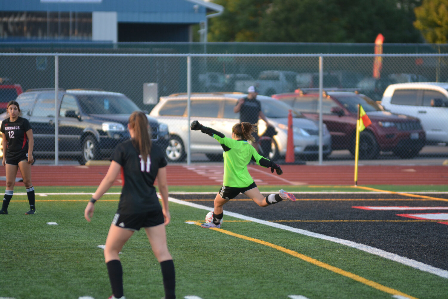 Jada Katona winds up to boot a ball downfield against Timberline on Sept. 7.