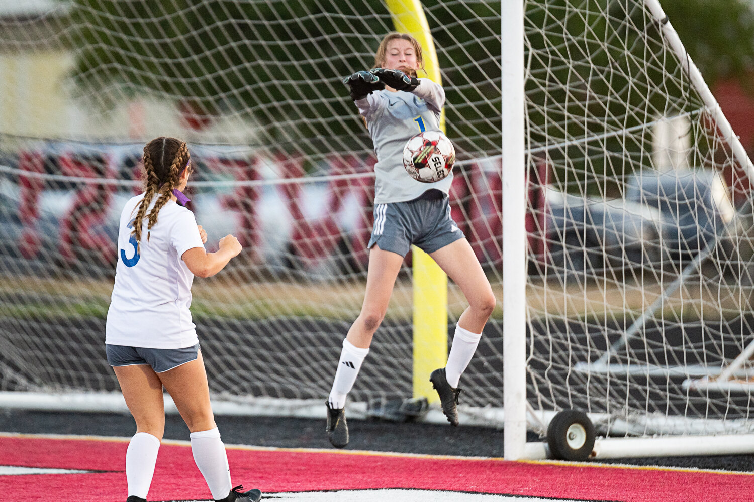 Adna keeper Jordanne Moon makes a save at her near post during the first half of 0-0 draw between the Pirates and Tenino on Sept. 14 at Beaver Stadium.