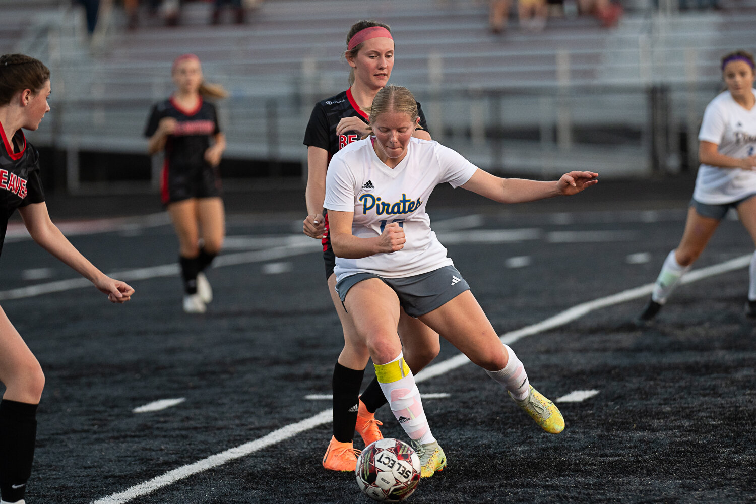 Adna's Margarite Humphrey cuts off Tenino's Callie Mickelson during the first half of the Pirates' 0-0 draw against the Beavers on Sept. 14.