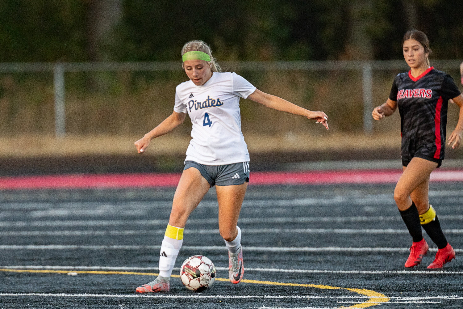 Adna's Lydia Tobin dribbles the ball during the Pirates' 0-0 tie against Tenino on Sept. 14 at Beaver Stadium.