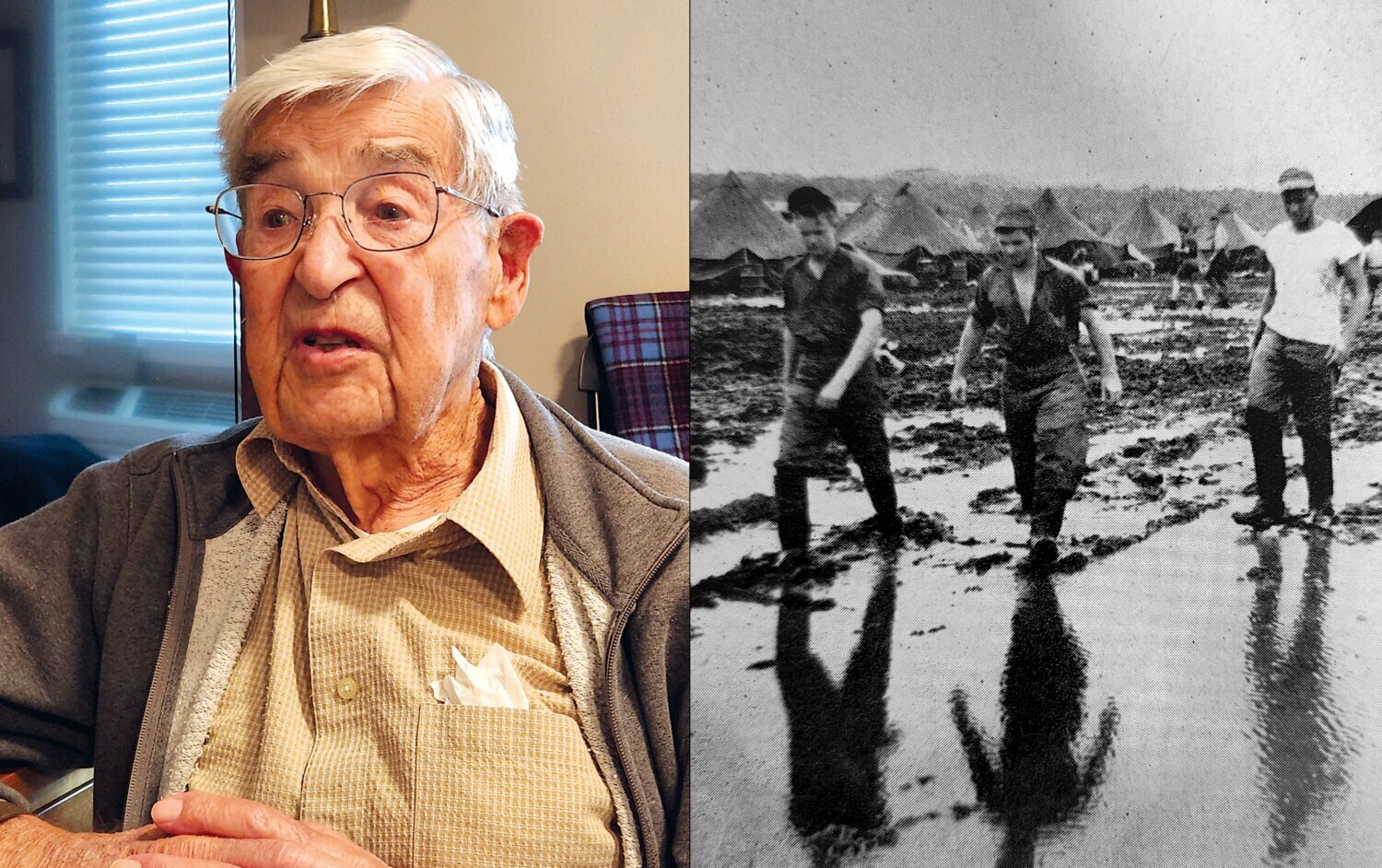 At left, Clarence Piper, 98, talks about his experiences in World War II during an interview with columnist Julie McDonald. In the photo at the right, Clarence Piper, far right, described Tinian as a muddy mess.