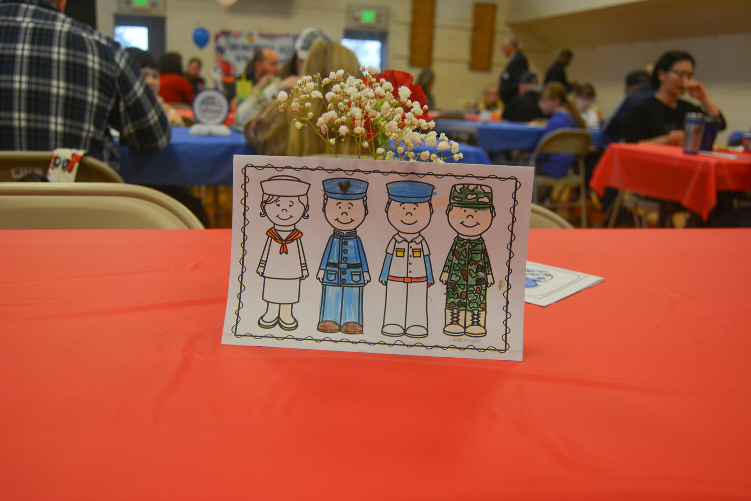 A thank you card colored by a Roy Elementary School student on a table at the Roy Veterans Day breakfast on Nov. 9.