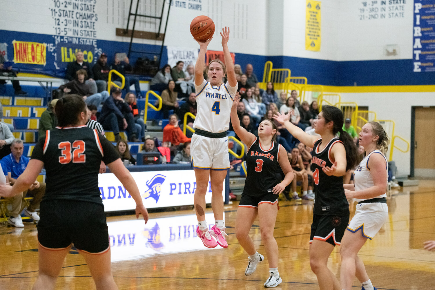 Karsyn Freeman drills a pull-up jumper for two of her 31 points in Adna's 52-49 loss to Rainier on Dec. 8.
