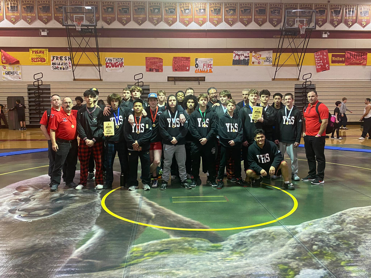 Yelm boys wrestling’s first place sub-regional team poses for a photo after they won the tournament on Feb. 3 at Capital High School.