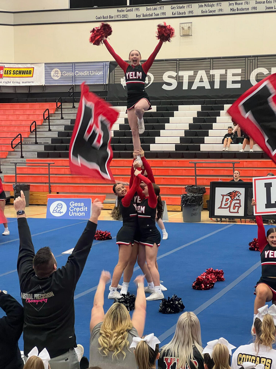 YHS cheerleaders perform in the state championships in Battle Ground during the first weekend of February.
